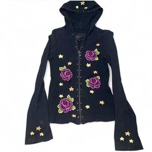 Y2k Soul Revival Black Hoodie with Purple Floral and Gold Star Accents